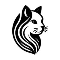 Black and white stylized cat head with flowing fur, gazing right, elegant and minimalist on white backdrop. vector