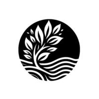 Monochromatic tree silhouette within a black circle, stylized leaves and flowing waterlike lines, representing nature. vector