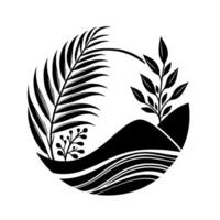 Black and white botanical illustration within a circle, featuring palm frond, leaves, and a mountain silhouette, capturing a minimalist and zenlike aesthetic. vector