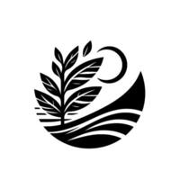 Monochrome circular of a plant, moon, and landscape, symbolizing growth, nature, and serenity, rendered in a minimalist style. vector