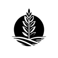 Minimalist black and white of a plant silhouette emerging from stylized farmland within a black circle. vector