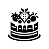 Black and white minimalist illustration of a twolayer cake with dripping frosting, garnished with strawberries, blueberries, and a fruit accent. vector
