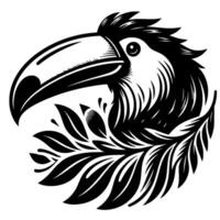 Elegant Black and White Toucan Portrait with Ornate Foliage and a Simplified, Stylized Design, Suitable for Branding and Decorative Uses vector