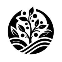 Stylized black and white of a fruitful plant within a circular frame, set in a landscape, with leaves and orbs. vector