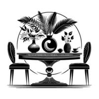 Elegant Black and White Illustration of a Table Setting with Decorative Vases, Plants, and Two Chairs vector
