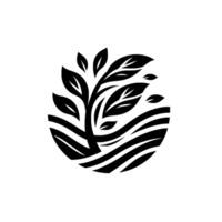 A minimalist black and white featuring a stylized tree growing from a circular wavy base. vector