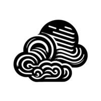 Abstract Black and White Illustration of Swirling Clouds and a Lined Sun, JapaneseInspired Minimalist Art on White Background. vector