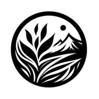A circular monochrome emblem featuring stylized flora, snowcapped mountains, and a sun, blending nature and minimalist design. vector