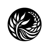 A minimalist black and white circular emblem featuring stylized flora, illustrating growth and harmony. vector