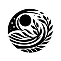 A circular black and white artistic illustration featuring a central dark orb, celestial elements, flowing lines, and floral accents, creating a balanced, symbolic design. vector
