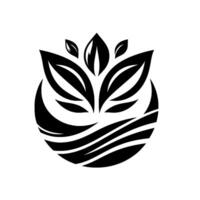 A symmetrical minimalist featuring stylized leaves and flowing water elements contained within a circular frame, rendered in black on white, suggesting balance and nature. vector