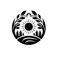 Black and white circular featuring a stylized sun, trees, and foliage, representing nature and the outdoors in a minimalist style. vector