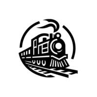 Stylized Illustration of a Vintage Steam Train Emerging from a Circle on Railway Tracks, Black and White Graphic. vector