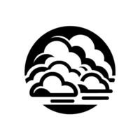 Stylized monochrome cloudscape art, a layered of white and gray clouds enclosed in a black circle, on a white background. vector