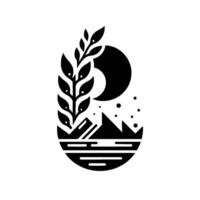 Abstract black and white nature art depicting mountains, moon, water, and foliage within a stylized shape. vector