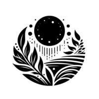 Stylized black and white nature scene featuring a dotted moon, leafy branches, and a linear landscape. vector