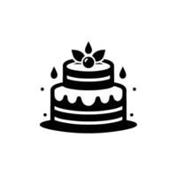 Black and White Illustration of a TwoTiered Cake with Leafy Topping, Berries, and Droplets, on a Solid Gray Background. vector