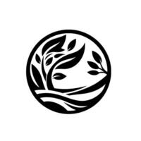 A stylized black and white featuring a circular frame, encompassing a leafy tree and wavy landscape. vector