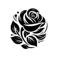 Black and White Circular Rose Silhouette with Detailed Petals and Leaves on a Pure White Background vector