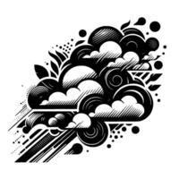 Stylized black and white cloudscape illustration with swirling patterns, geometric shapes, and organic leaf accents, evoking weather patterns. vector