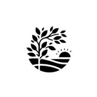 Minimalist black and white featuring a stylized tree, rising sun, and landscape elements within a circular frame, conveying growth and serenity. vector