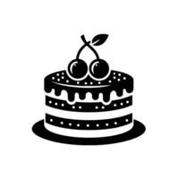 Black and white illustration of a layered cake with cherry topping on a white background, dessert icon. vector