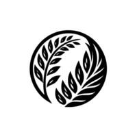 Symmetrical Circular Emblem Black Leafy Branches within a BlackRimmed Circle on White Background, Minimalism. vector