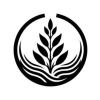 Monochromatic stylized featuring a central plant with leaves, surrounded by a circular frame with wavelike elements below. vector
