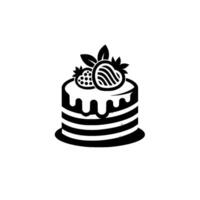Simple Black White Cake Logo, Layered with Dripping Icing, Topped with Strawberries and Leaves, on White Backdrop. vector