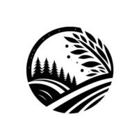 Black and white minimalist landscape scene trees, field, and foliage within a circle, evoking a sense of nature and serenity. vector