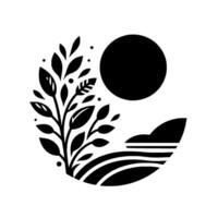 Symbolic black and white circular illustration of a tree with leaves, sun, and landscape elements forming a harmonious nature scene, minimalist. vector