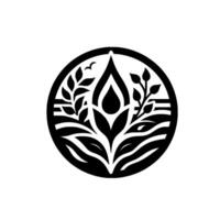 Elegant Black and White Circular Featuring a Budding Flower, Leaves, Bird, and Water Elements Symbolizing Growth and Harmony. vector