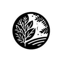 Circular black and white illustration featuring a tree, crescent moon, fields, and leaves, evoking a minimalist and naturalistic style. vector