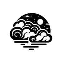 Stylized black and white cloudscape with full moon and scattered stars, evoking a serene and night scene. vector