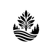 Stylized Black and White Illustration A Leafy Tree and Coniferous Forest in a Circular Landscape. vector