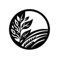 Minimalist black and white circular featuring stylized tree, stylized field of wheat and wheat grass, and the shape of a sun. vector