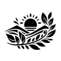 Black and White Nature Motif Sun, Mountains, and Leaves in a Minimalist, Flat Design, Emphasizing Harmony vector