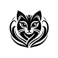 Bold Black White Illustration of a Stylized Cat Face with Flowing, Swirling Embellishments, Centered on a White Background. vector