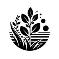 Stylized Botanical Illustration A Black and White Composition of Plants and Grass within a Circular Frame. vector