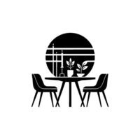 Minimalist Black and White Illustration Dining Table with Plants, Candles, and a Circular Window, creating a serene and modern aesthetic. vector