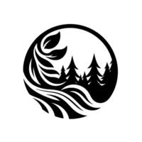 Black and white circular naturethemed illustration, featuring stylized trees, leaves, and flowing lines within a circle. vector