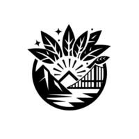 Black and White NatureInspired Design Mountains, Bridge, River, Leaves, Stars, and Geometric Composition Within a Circular Frame. vector