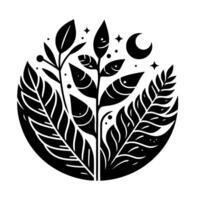 Black and White Botanical Illustration Celestial Foliage within a Circular Arrangement with Moon and Stars. vector