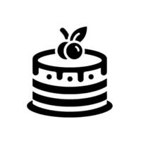 Vectorized black and white illustration of a layered cake, topped with cherries and a leaf, on a minimalist white background. vector