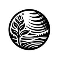 Minimalist Black and White Circular featuring a stylized tree, landscape, and dynamic lines within a circle frame. vector