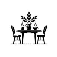 Minimalist Black and White Illustration of a Table Setting with a Floral Arrangement, Coffee, and Two Chairs. vector