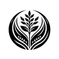 Symmetric Black and White Emblem Central Plant with Leaves and Wheatlike Elements, Circle Frame, Minimalist Design. vector