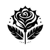 A symmetrical, stark black and white illustration of a rose emblem with featherlike leaves, a circular frame, and a minimalist design. vector