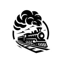 Vectorized illustration of a classic steam train, emerging from a stylized smoke cloud and traveling on tracks within a circular frame. vector