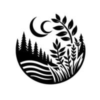 Stylized Black and White Landscape Silhouette Crescent Moon Above Forest, Fields, and Flora, Enclosed in Circular Frame. vector